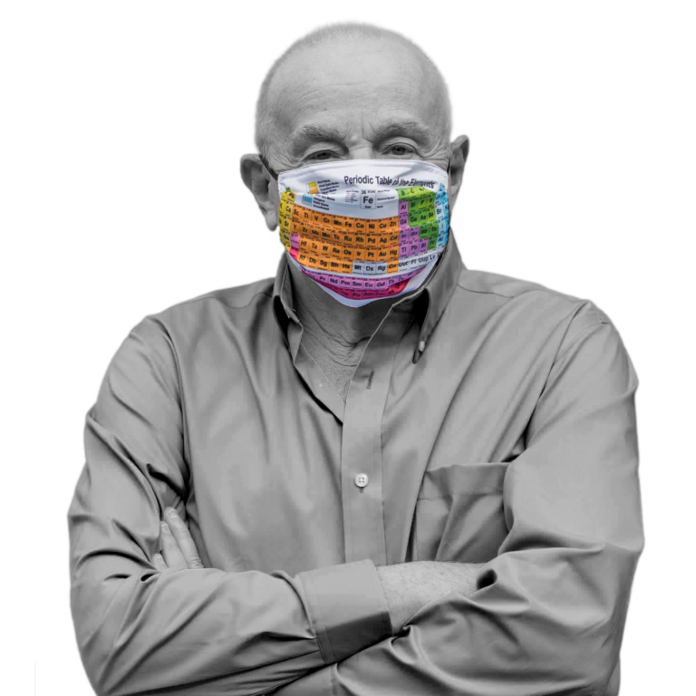 Sam Morell wearing face mask with periodic table of elements